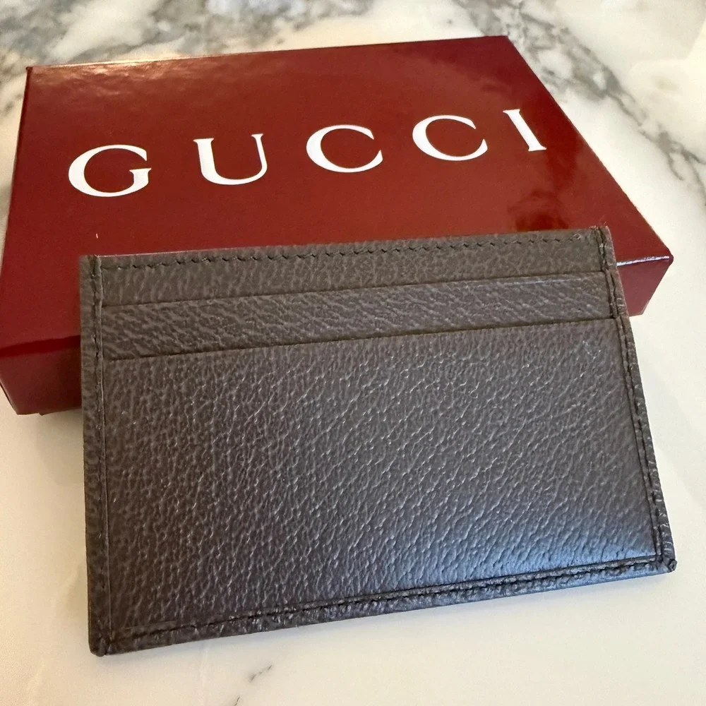 Gucci 834795 Brown Leather Blue Camo GG Supreme Canvas Card Holder Wallet